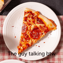 a slice of pepperoni pizza on a white plate with the words " the guy talking btw " below it