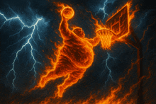 a basketball player is on fire and is about to dunk a ball