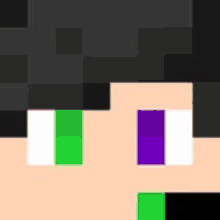 a close up of a minecraft character 's face with green and purple squares on his eyes .