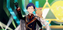 a man in a black and red uniform is waving his hand