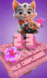 a cartoon cat is holding a bouquet of flowers on top of a cake that says 23 anita cruz