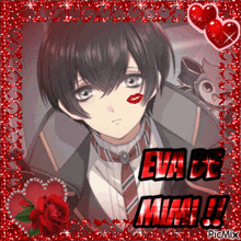 a picture of a boy with a kiss on his cheek and the words " eva de mima " on the bottom