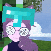 a cartoon character with hypnotic glasses and a t on her head