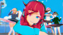 a girl wearing headphones and a blue shirt is smiling