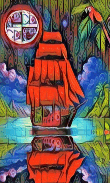 a colorful painting of a ship with a reflection of it