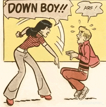 a cartoon of a woman yelling at a boy with the words down boy above her