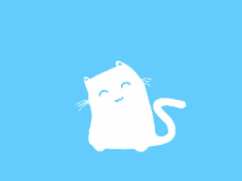 a white cat with a blue background is smiling