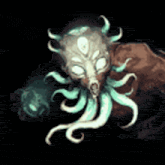 a drawing of a monster with tentacles and horns on a black background .