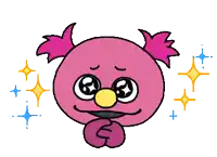 a pink cartoon character with big eyes and a yellow nose is surrounded by stars