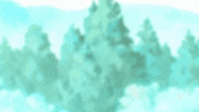 a close up of a person 's face with trees in the background and a blue sky .