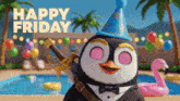 a penguin is wearing a party hat and holding a sword in front of the words happy friday