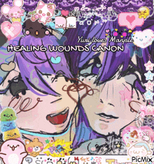 a drawing of a girl with purple hair and the words " healing wounds canon "