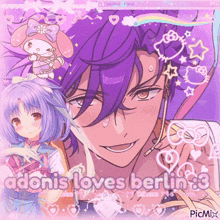 a purple haired anime character with the words " adonis loves berlin " below him