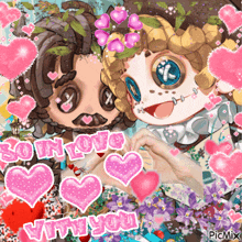 a couple of cartoon characters are making a heart with their hands and the words so in love with you are surrounded by pink hearts