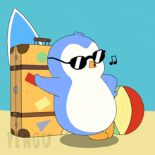 a penguin wearing sunglasses is standing next to a beach ball and suitcases