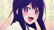 a girl with purple hair and pink eyes is surrounded by paw prints