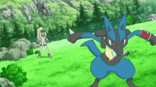 a cartoon of a woman standing next to a pokemon in a grassy field