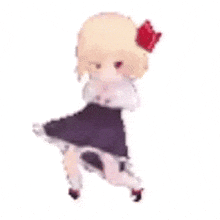 a doll with blonde hair and a red bow on her head is sitting on the floor .