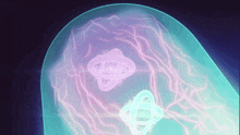 a computer generated image of a person 's brain shows a purple and blue object