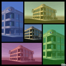 a collage of images of a building with pixiz written on the bottom right