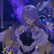 a girl with long purple hair is holding a microphone