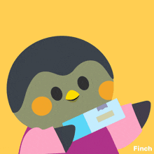 a penguin holding a book with the letter e behind it