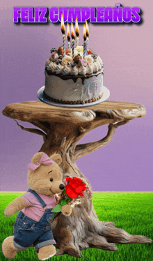 a teddy bear is holding a red rose in front of a birthday cake that says feliz cumpleanos