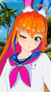 a girl with orange hair and bunny ears is wearing a sailor suit
