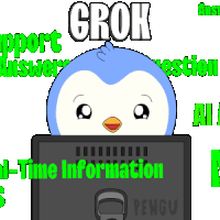 a penguin is sitting in front of a computer screen with the words grok support answer question all e-time information