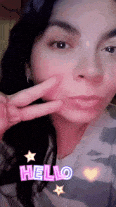 a close up of a woman 's face with the word hello written on it
