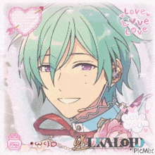 a picture of a boy with green hair and purple eyes that says love love love love you