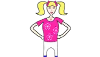 a drawing of a girl with blonde pigtails wearing a pink shirt with flowers on it