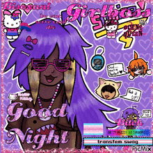 a cartoon of a girl with sunglasses and the words good night on the bottom