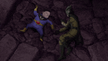 a cartoon of a man in a purple suit and a man in a black cape