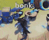 a cartoon of a dog standing on a beach with the word bonk written on it .