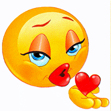 a female smiley face is blowing a kiss and holding a red heart