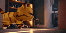 a cartoon cat is walking through a doorway in a room