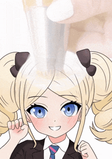 a girl with blonde hair and blue eyes has whipped cream coming out of a cup