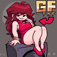 a cartoon drawing of a woman sitting on a speaker with the words gf fnf on the bottom