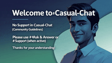 a welcome to casual chat advertisement with a man in a suit and tie