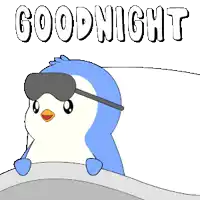 a penguin wearing a sleep mask says goodnight in white letters