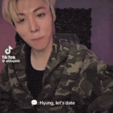 a tiktok video of a man talking to another man says but you 're my hyung how could you even think about dating me