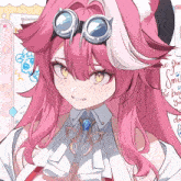 a drawing of a girl with pink hair wearing goggles and a necklace