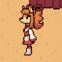 a pixel art drawing of a girl in a pink dress .
