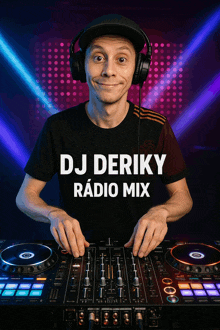 a dj wearing headphones and a black shirt that says dj deriky
