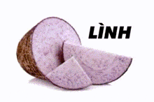 a purple potato with slices cut out of it and the word linh written above it .