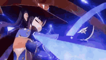 a girl in a witch 's hat is holding a sword in her hand .