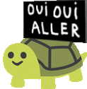 a cartoon turtle is holding a sign that says ovi oui aller .