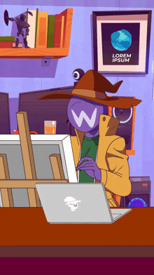 a cartoon drawing of a person with a laptop and a poster that says lorem ipsum on it