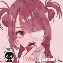 a picture of a girl with a bandage on her eye and the words " rei loves memekol "